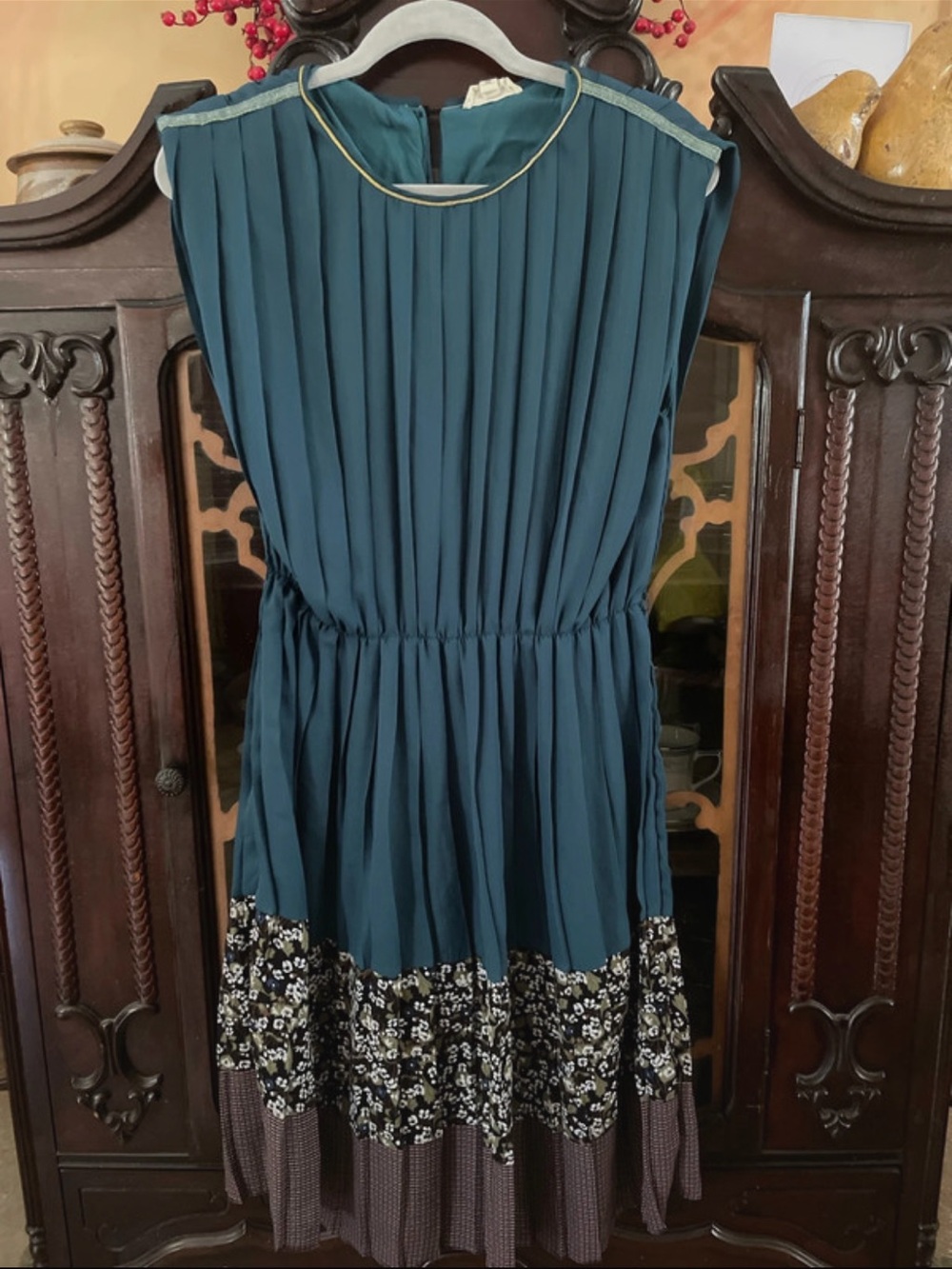 Anthropology Freeway Pleated Teal Midi Dress with Floral Hem